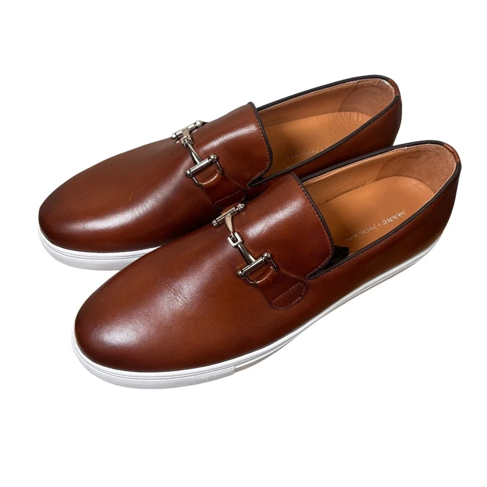 Marc Nolan Mens Cognac Brown Leather Bit Loafer Sneakers Silver Hardware SZ 16